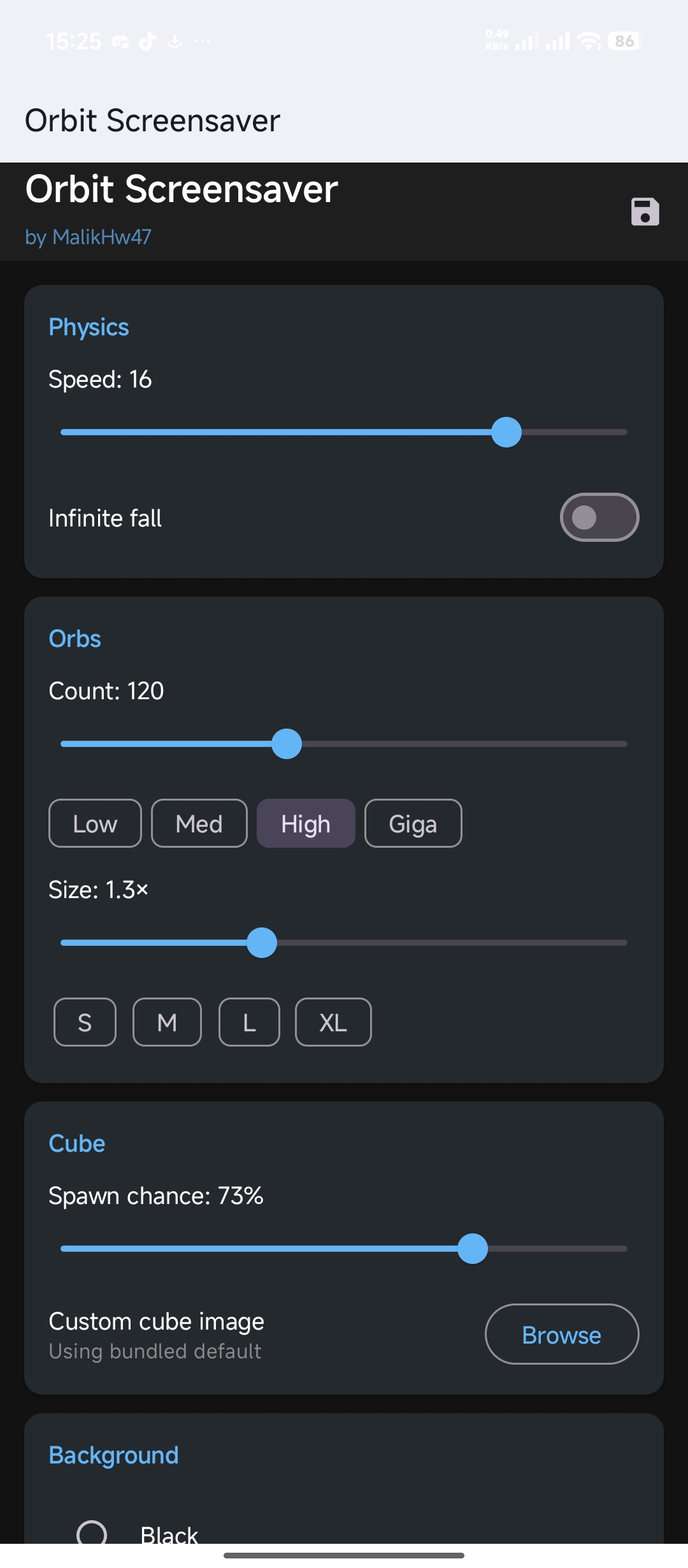 Orbit Android settings screen