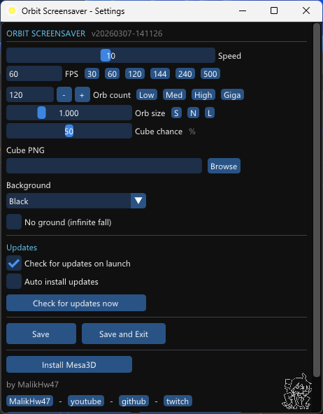 Orbit Screensaver  -  settings panel